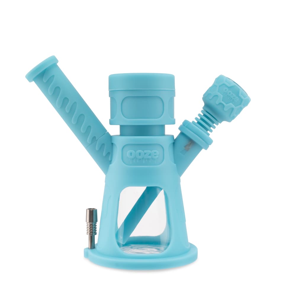 A front view of the Ooze Hyborg Silicone Glass 4-in-1 Hybrid Water Pipe and Nectar Collector, showing its blue silicone and glass construction.