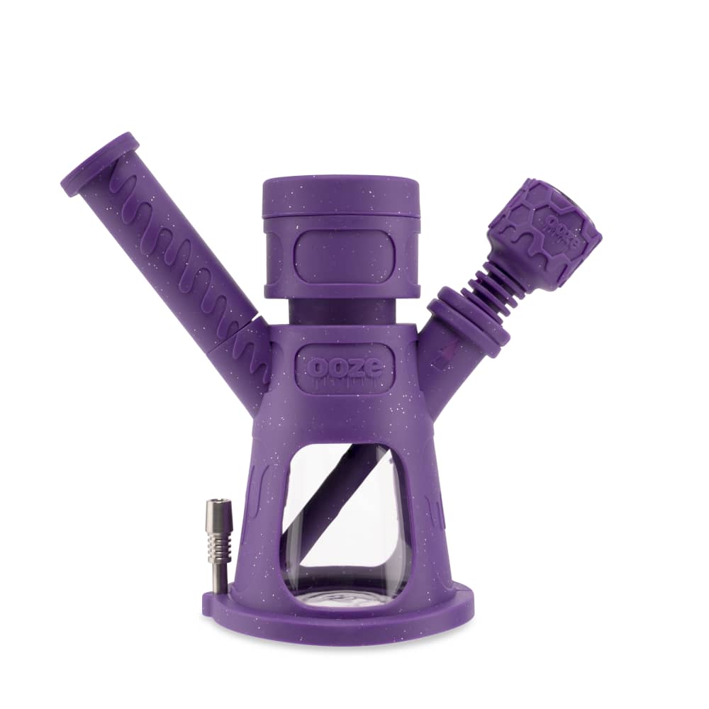 A front view of the Ooze Hyborg Silicone Glass 4-in-1 Hybrid Water Pipe and Nectar Collector, showcasing its purple silicone body and glass components.