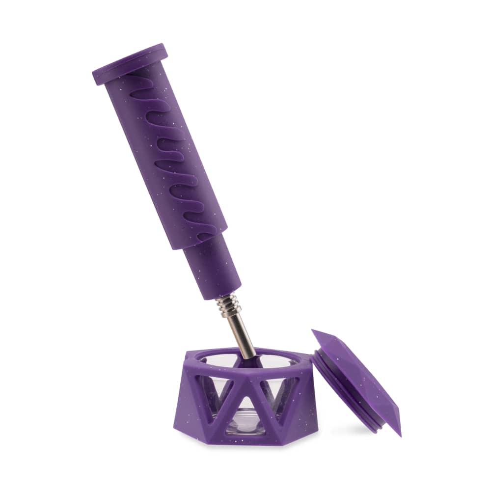 A three-quarter view of the Ooze Hyborg Silicone Glass 4-in-1 Hybrid Water Pipe and Nectar Collector, showing its purple silicone wrap and glass components.