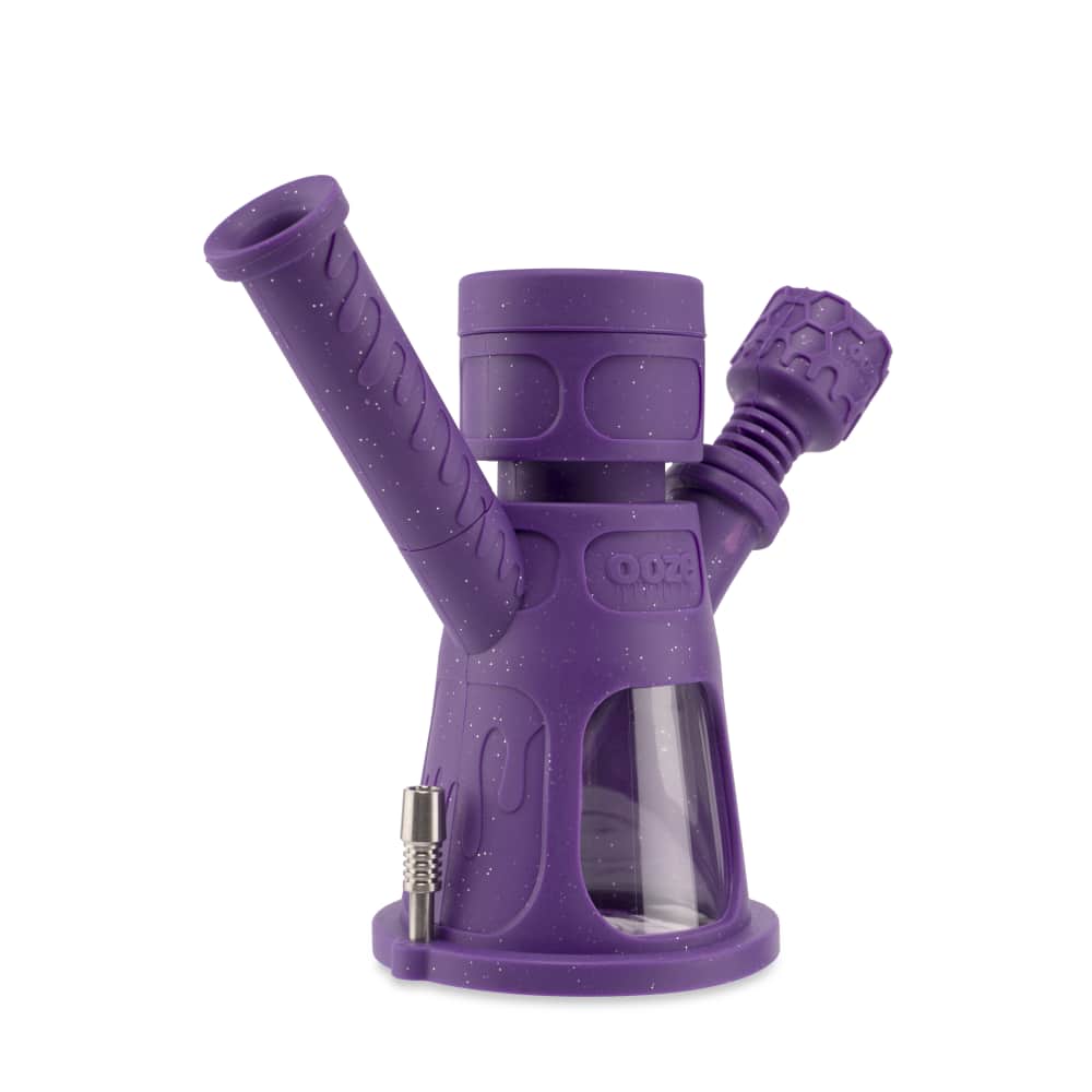 Front view of the Ooze Hyborg Silicone Glass 4-in-1 Hybrid Water Pipe and Nectar Collector, displaying its purple and clear glass construction.