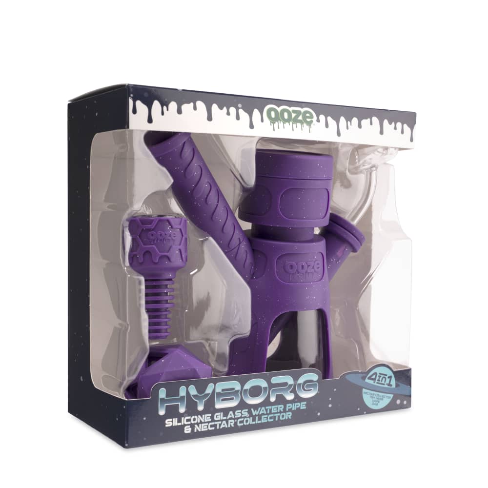 Front view of the Ooze Hyborg Silicone Glass 4-in-1 Hybrid Water Pipe and Nectar Collector, showcasing its purple hue and unique design.