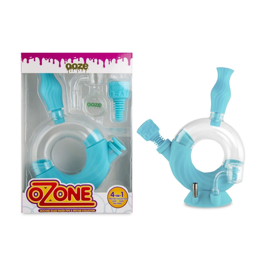 Front view of the Ooze Ozone Silicone Water Pipe and Dab Straw, displaying a translucent blue, uniquely shaped water pipe.