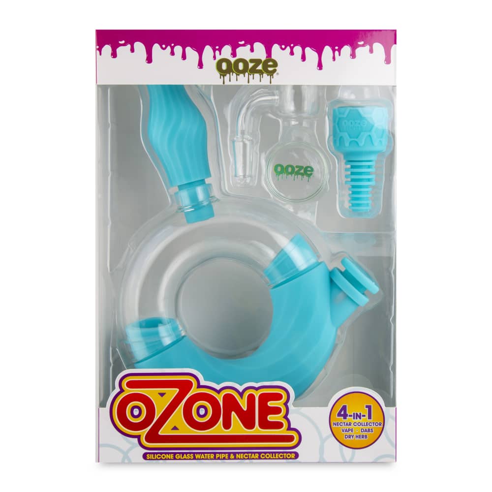 Front view of the Ooze Ozone Silicone Water Pipe and Dab Straw, showing a textured surface and branded text on a dark background.