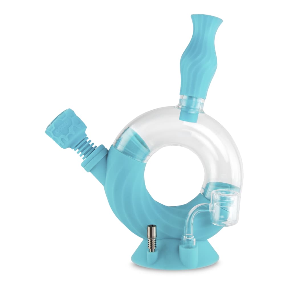Front view of the Ooze Ozone Silicone Water Pipe and Dab Straw, showcasing its curved neck and clear silicone construction.