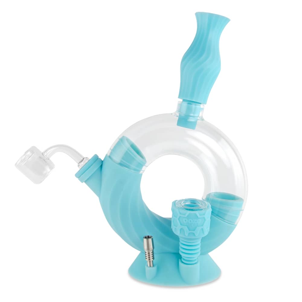 Front view of the Ooze Ozone Silicone Water Pipe and Dab Straw, showing a clear, blue silicone pipe with a curved neck and attached straw.