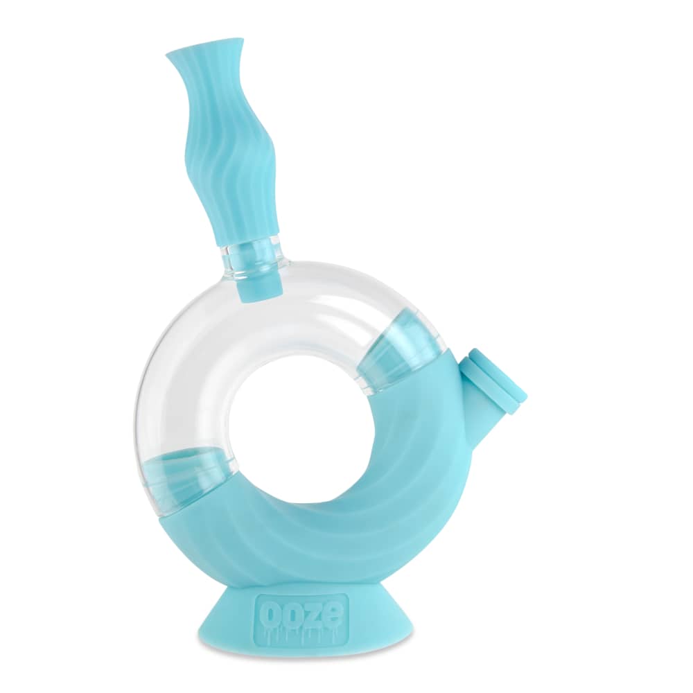 Front view of the Ooze Ozone Silicone Water Pipe and Dab Straw, showcasing its rounded shape and translucent blue material.