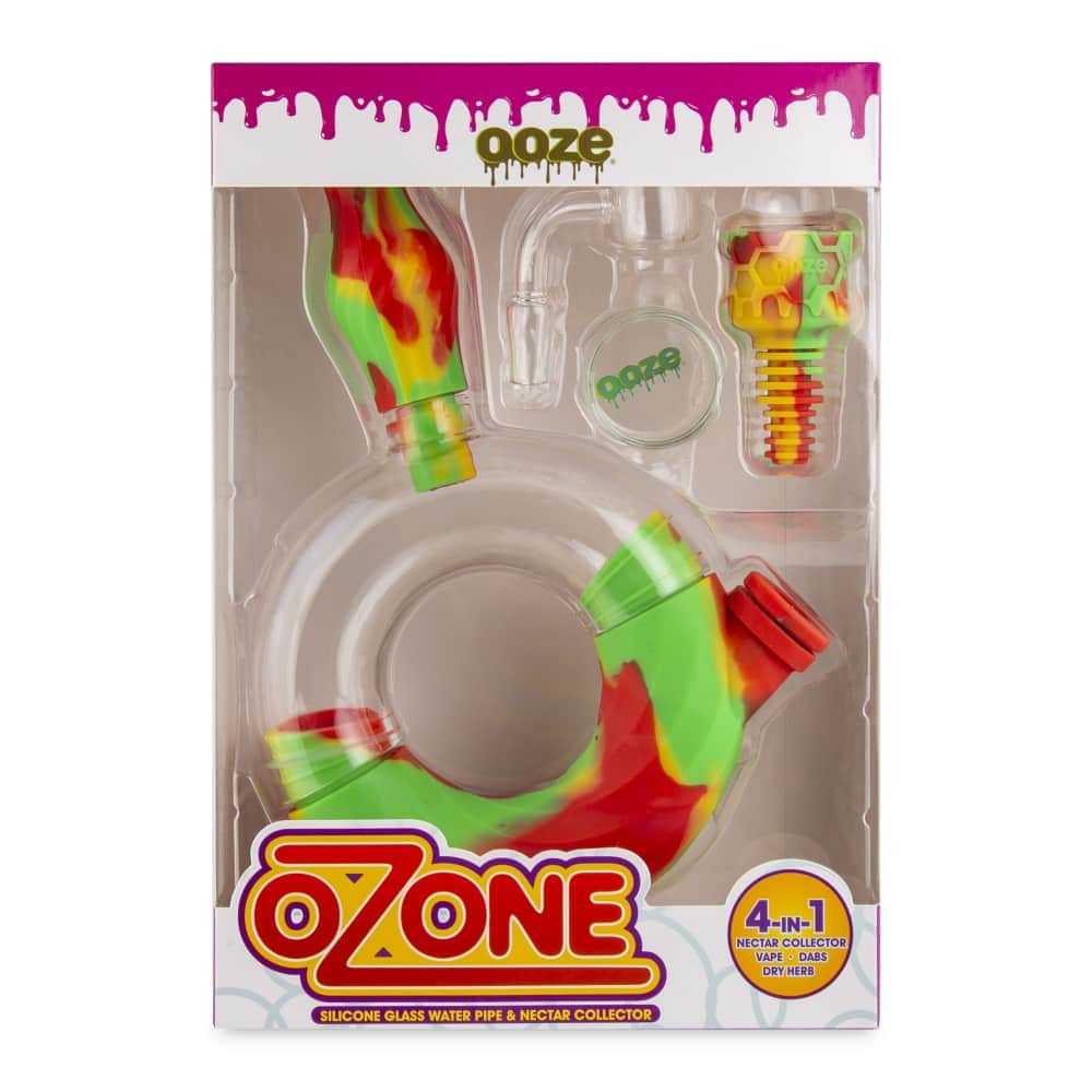 Front view of the Ooze Ozone Silicone Water Pipe and Dab Straw, displaying a colorful, patterned design with a clear glass mouthpiece.
