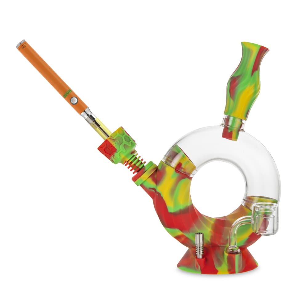 Front view of the Ooze Ozone Silicone Water Pipe and Dab Straw, showcasing a colorful, curved design with a clear glass bowl.