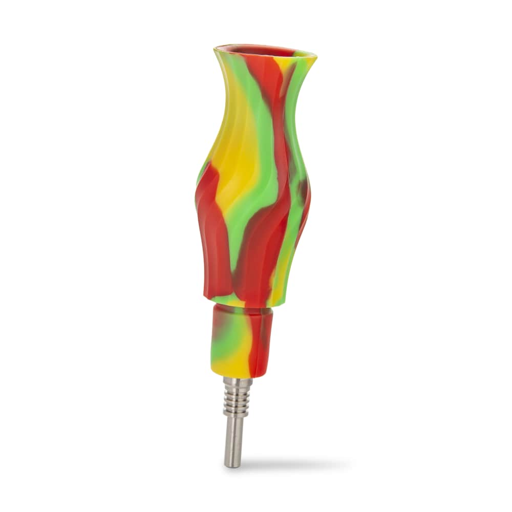 A close-up, angled view of the Ooze Ozone Silicone Water Pipe and Dab Straw, showcasing its textured, colorful design.