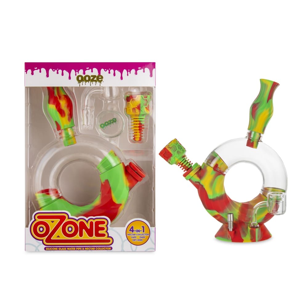 A close-up, angled view of the Ooze Ozone Silicone Water Pipe and Dab Straw, showing the colorful design and clear glass joint.