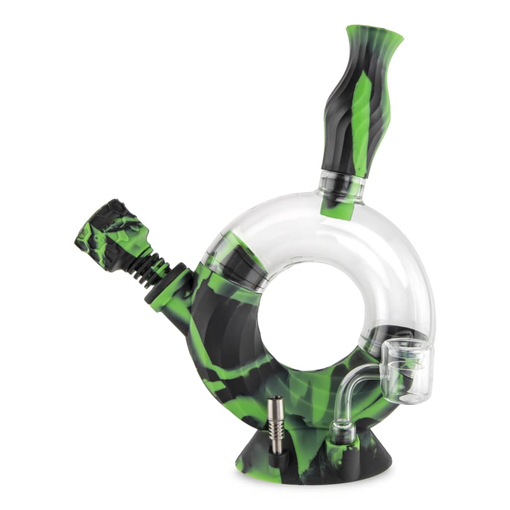 Front view of the Ooze Ozone Silicone Water Pipe and Dab Straw, featuring a black and translucent green design.