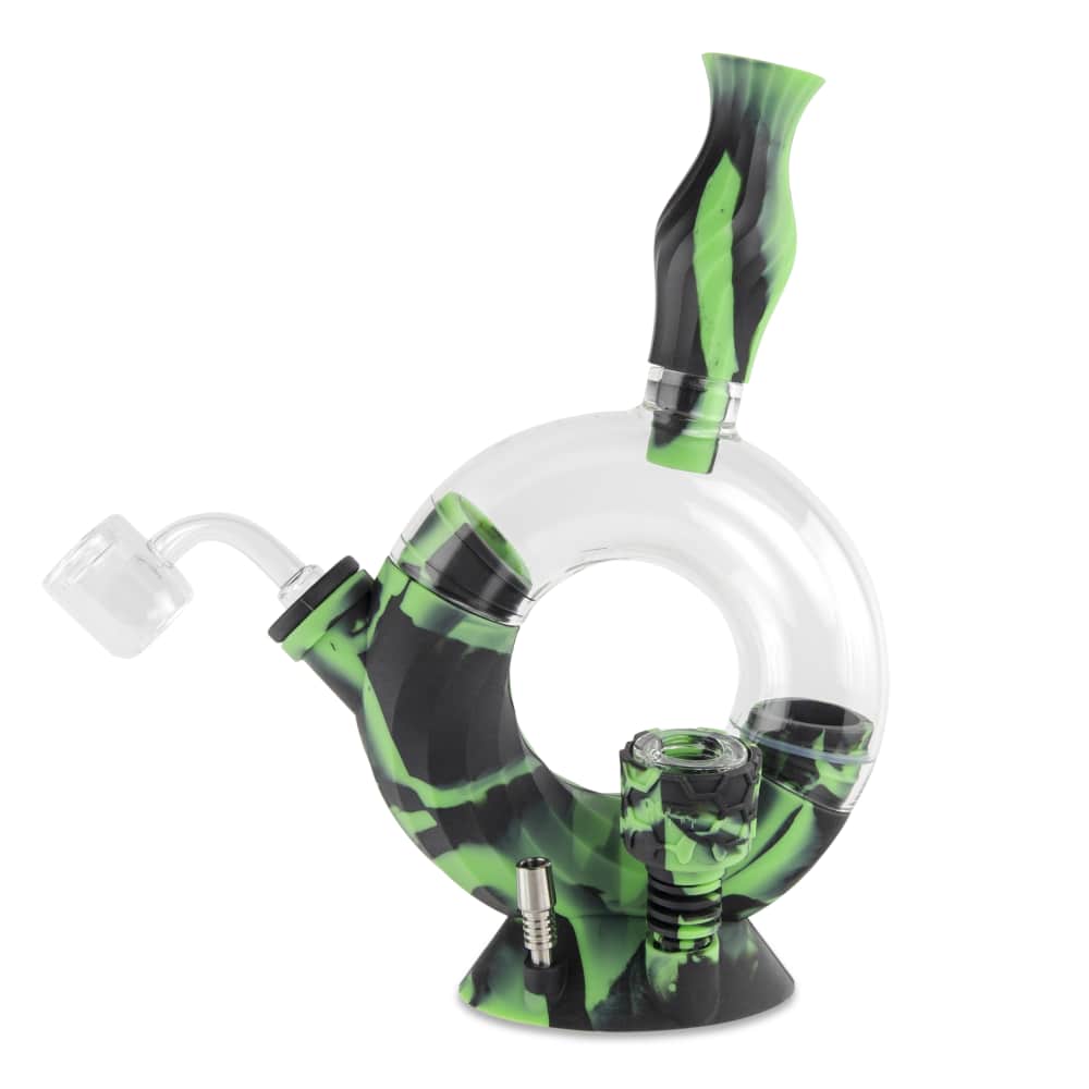 A front view of the Ooze Ozone Silicone Water Pipe and Dab Straw, showcasing the green and clear silicone construction.