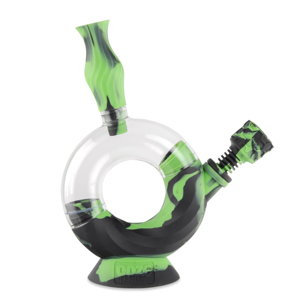 Front view of the Ooze Ozone Silicone Water Pipe and Dab Straw, featuring a curved neck and smooth, translucent green finish.