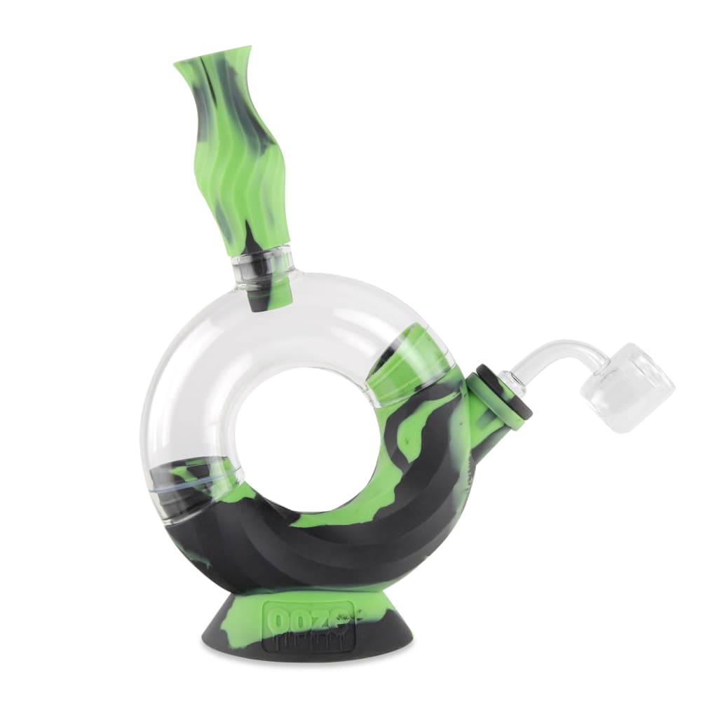 Front view of the Ooze Ozone Silicone Water Pipe and Dab Straw, featuring a colorful, textured design and clear glass downstem.