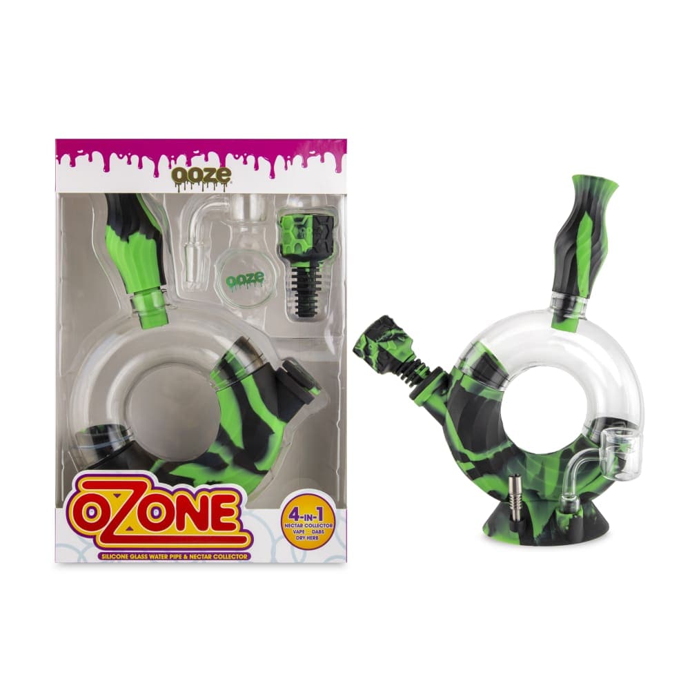 Front view of the Ooze Ozone Silicone Water Pipe and Dab Straw, showcasing its colorful design against a dark background.