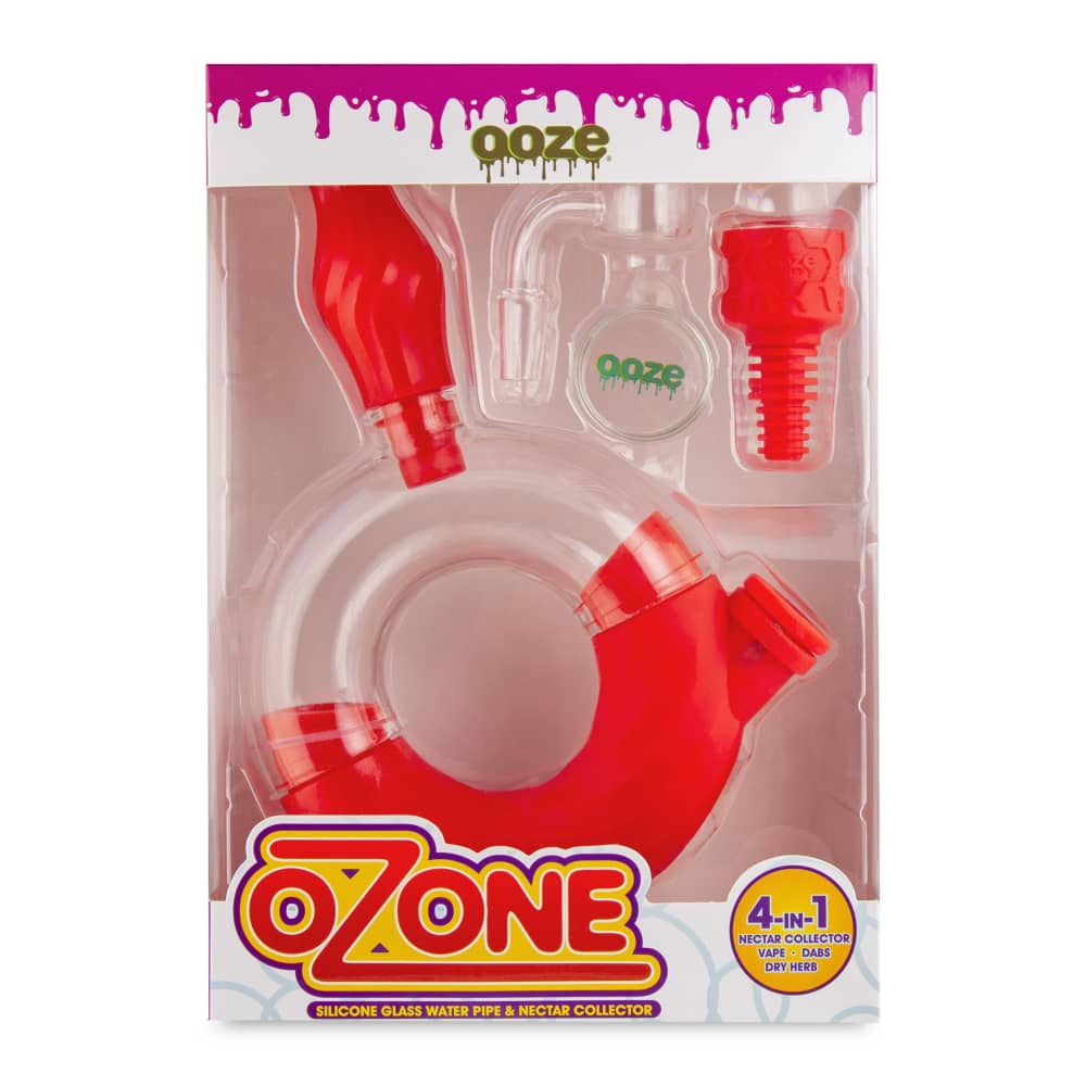 Front view of the Ooze Ozone Silicone Water Pipe and Dab Straw, featuring a red silicone body with a clear glass section.