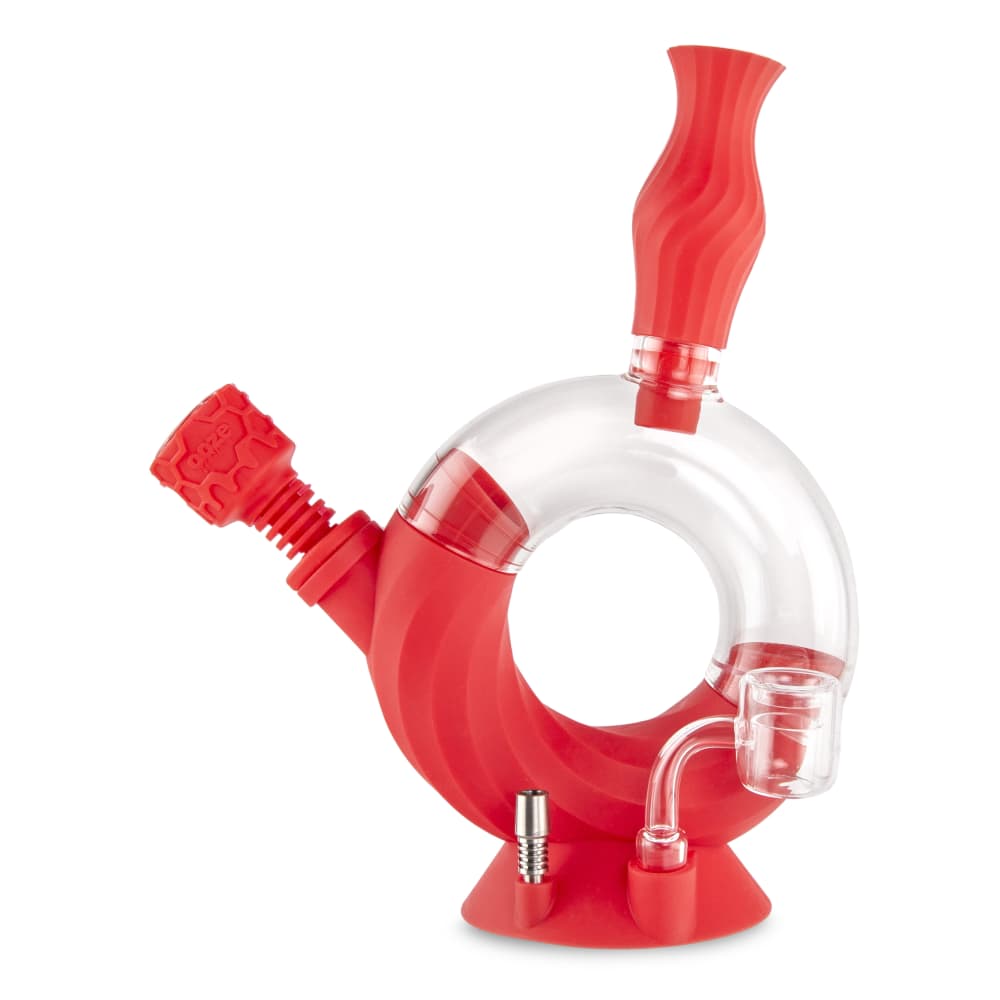 Front view of the Ooze Ozone Silicone Water Pipe and Dab Straw, showcasing its curved design and clear construction.