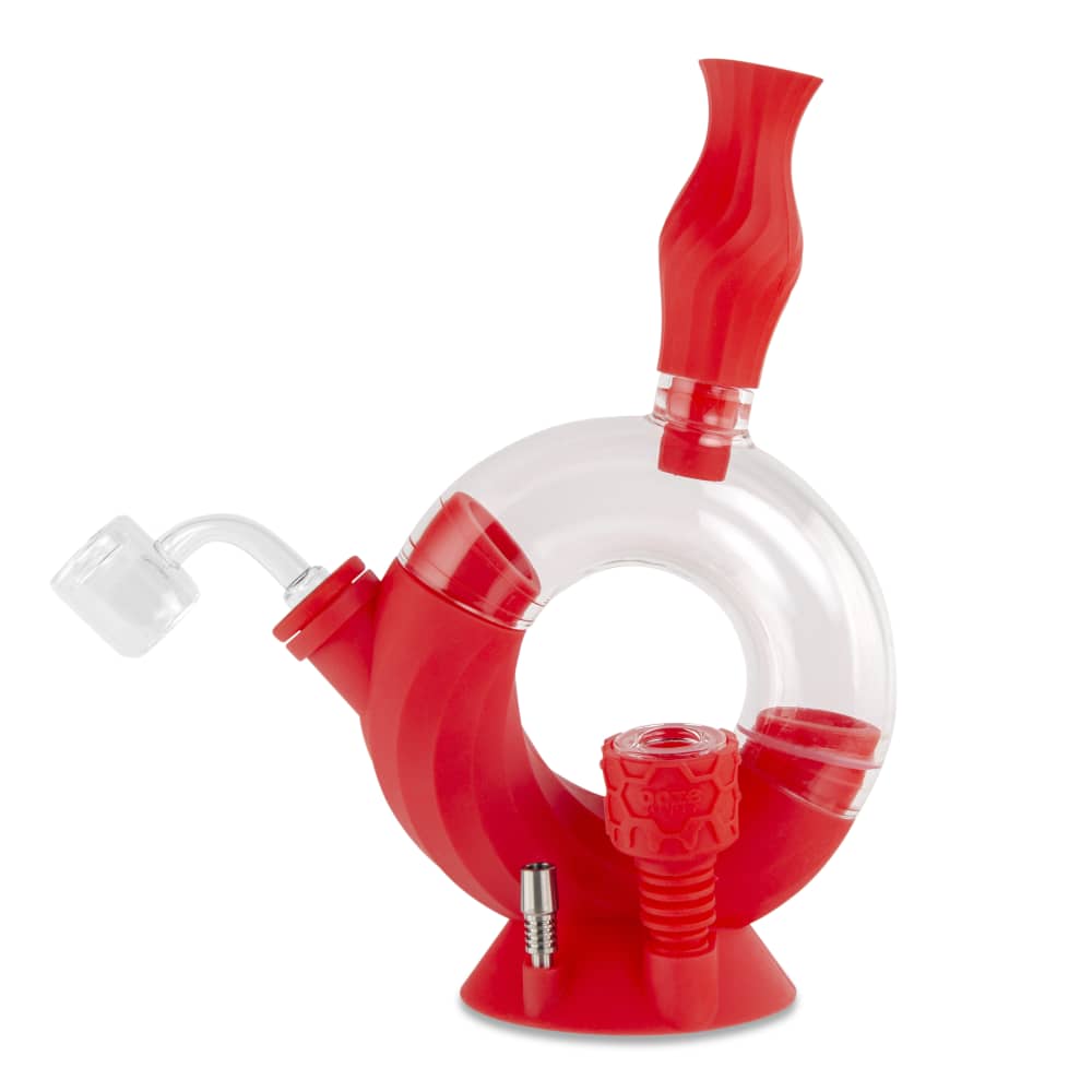 Front view of the Ooze Ozone Silicone Water Pipe and Dab Straw, showcasing its red silicone construction and clear glass straw.