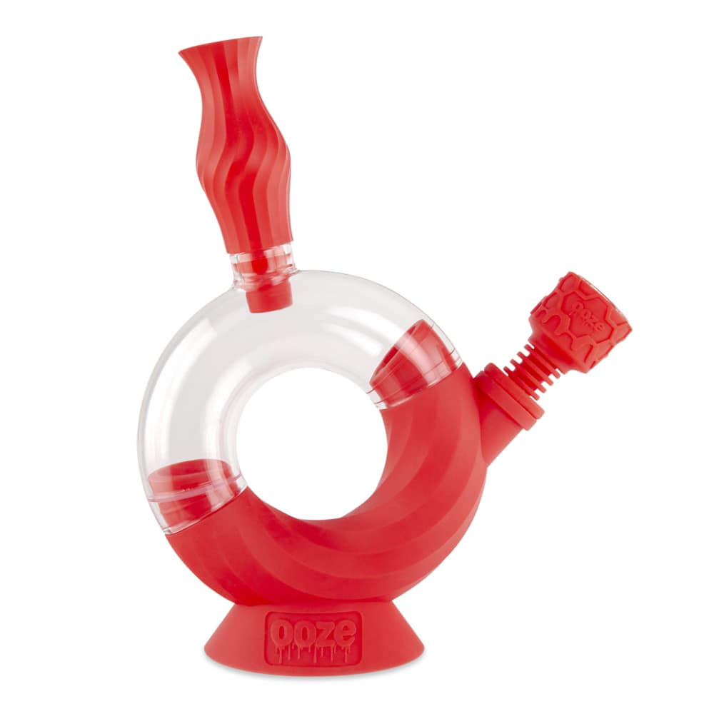 Front view of the Ooze Ozone Silicone Water Pipe and Dab Straw, featuring a red, curved design against a plain white backdrop.