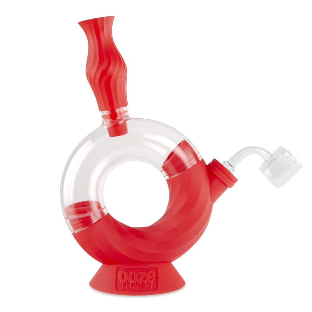 A front view of the Ooze Ozone Silicone Water Pipe and Dab Straw, showing a red silicone pipe with a clear glass straw attachment.