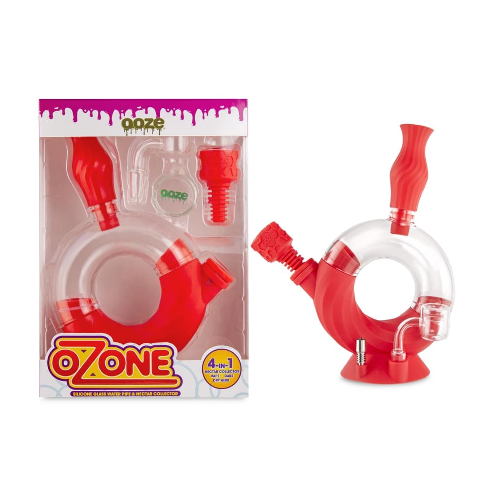 Front view of the Ooze Ozone Silicone Water Pipe and Dab Straw, showcasing its clear design against a vibrant blue background.