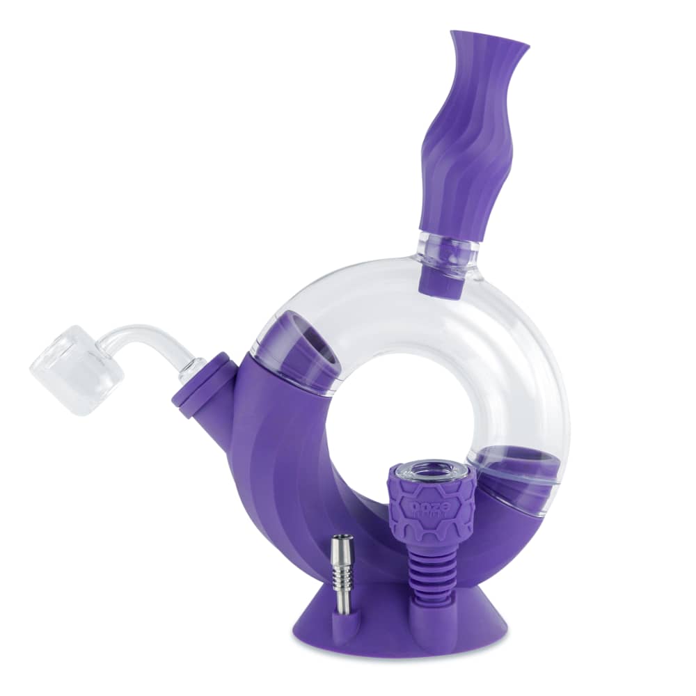 Front view of the Ooze Ozone Silicone Water Pipe and Dab Straw, displaying its purple, curved design with a clear glass straw insert.