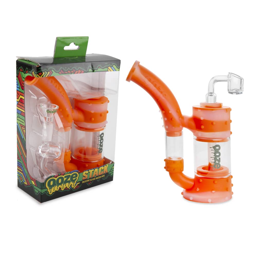 Front view of the Ooze Stack Pipe Silicone Bubbler, showing its clear glass construction and unique stacked design.