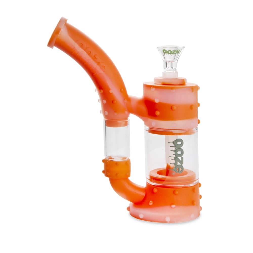 A front view of the Ooze Stack Pipe Silicone Bubbler, showing its textured, orange silicone construction and stacked design.