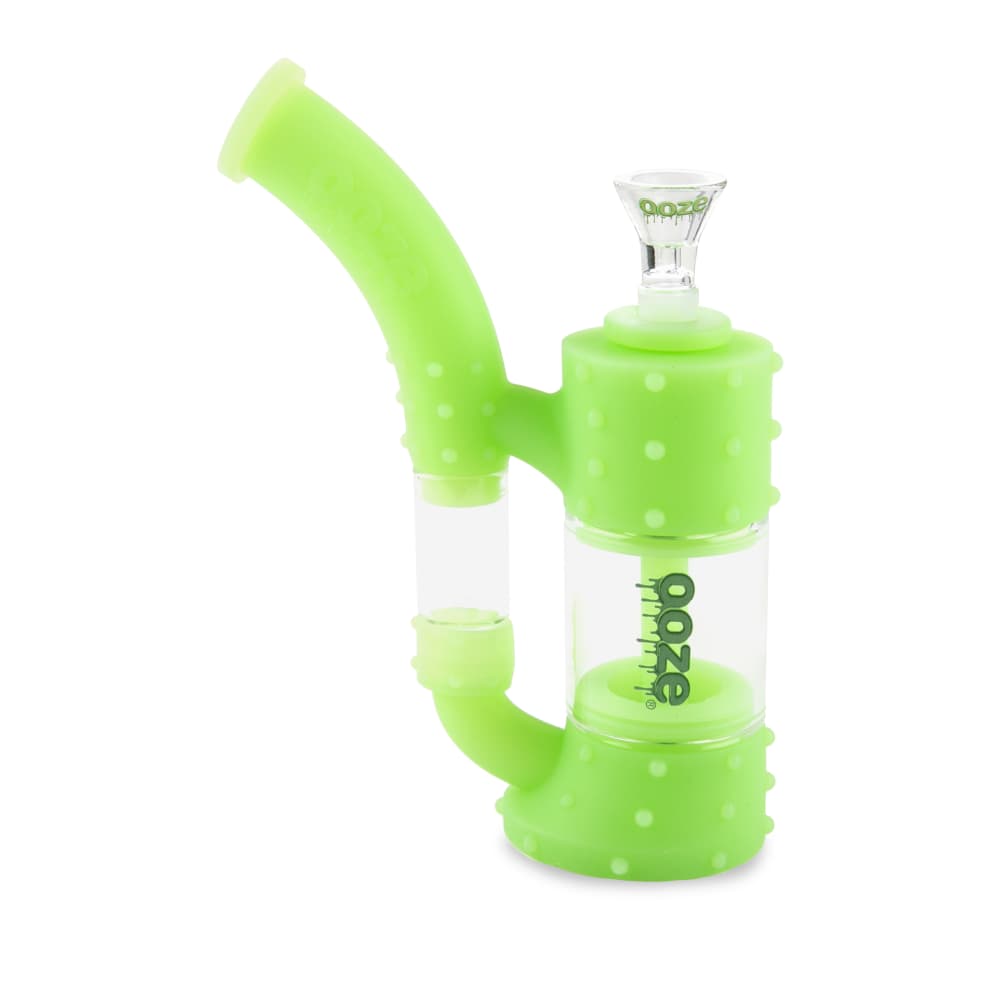 A front view of the Ooze Stack Pipe Silicone Bubbler, showcasing its stacked design and green silicone material.