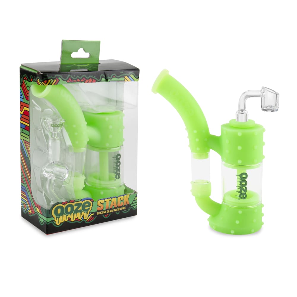 A front view of the Ooze Stack Pipe Silicone Bubbler, showcasing its bright green color and compact design against a plain white backdrop.