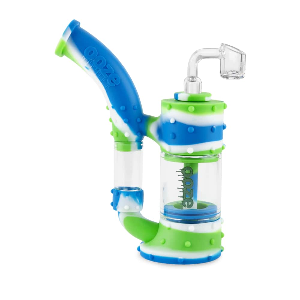 Front view of the Ooze Stack Pipe Silicone Bubbler, showcasing its stacked design and blue, white, and clear construction.