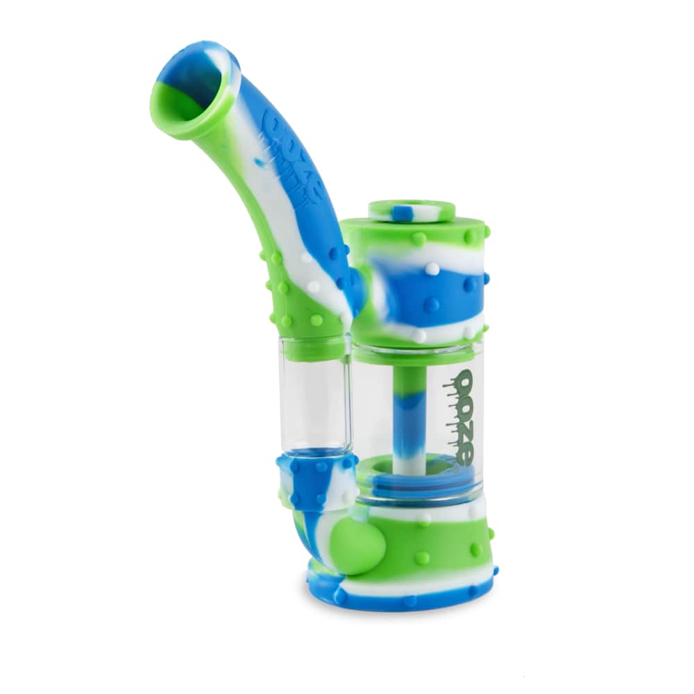 A front view of the Ooze Stack Pipe Silicone Bubbler, showcasing its stacked design and blue silicone material.