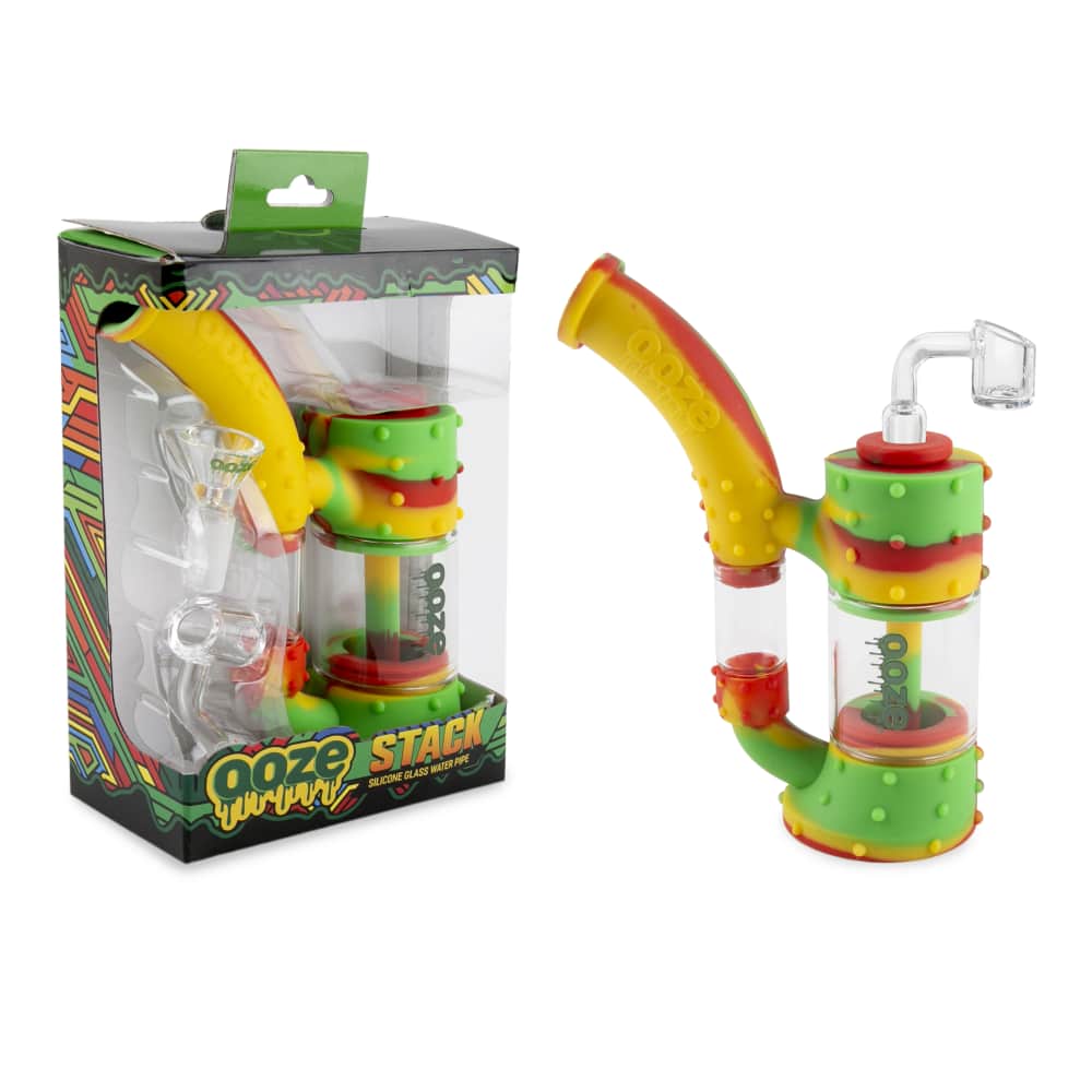 Front view of the Ooze Stack Pipe Silicone Bubbler, showing the colorful, compact design in its clear packaging.