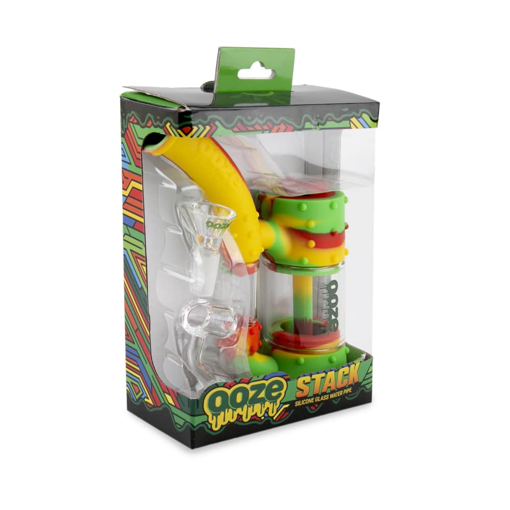 Front view of the Ooze Stack Pipe Silicone Bubbler against a colorful background, showcasing its unique, compact design.