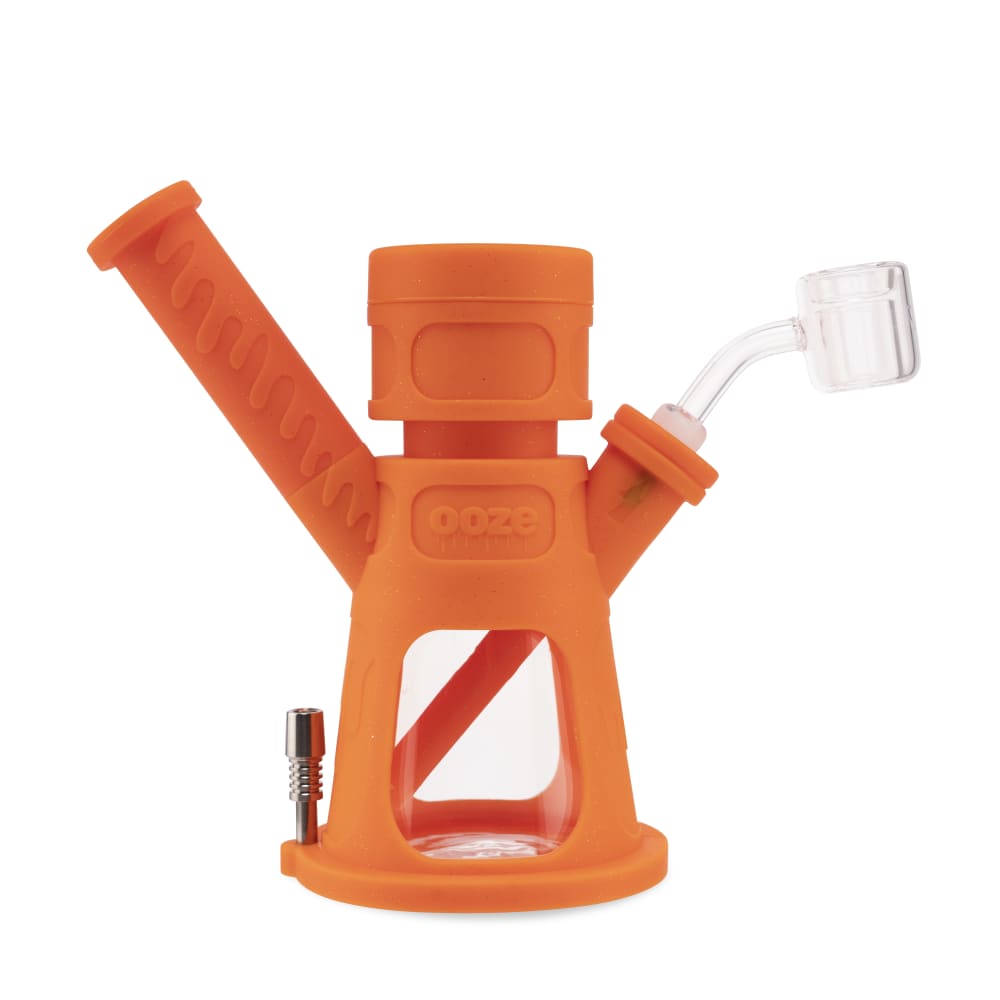 Front view of the Ooze Hyborg Silicone Glass 4-in-1 Hybrid Water Pipe and Nectar Collector, showcasing its orange silicone body and glass mouthpiece.