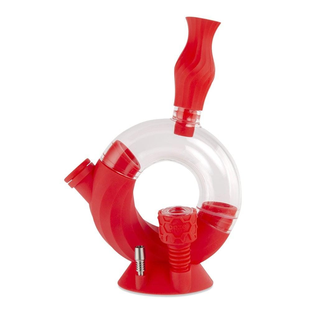 Front view of the Ooze Ozone Silicone Water Pipe and Dab Straw, showcasing the red silicone construction and unique curved design.