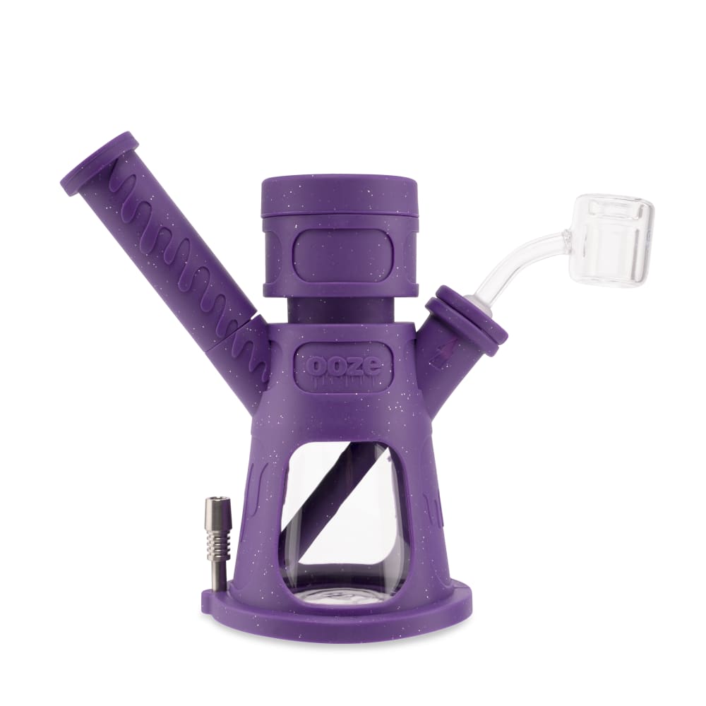 A front view of the Ooze Hyborg Silicone Glass 4-in-1 Hybrid Water Pipe and Nectar Collector, showcasing its purple silicone body.