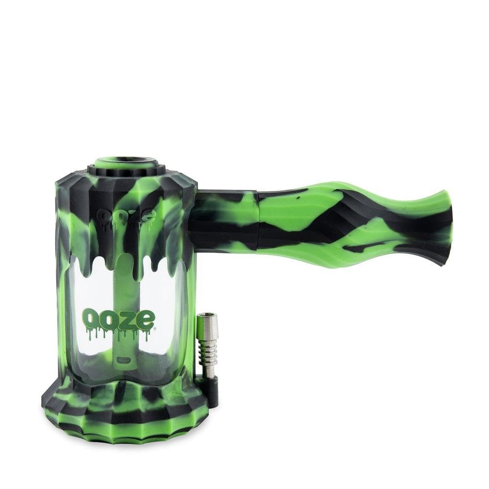 A studio shot of the Ooze Clobb Silicone Water Pipe and Dab Straw, showing a green, textured pipe against a plain white backdrop.