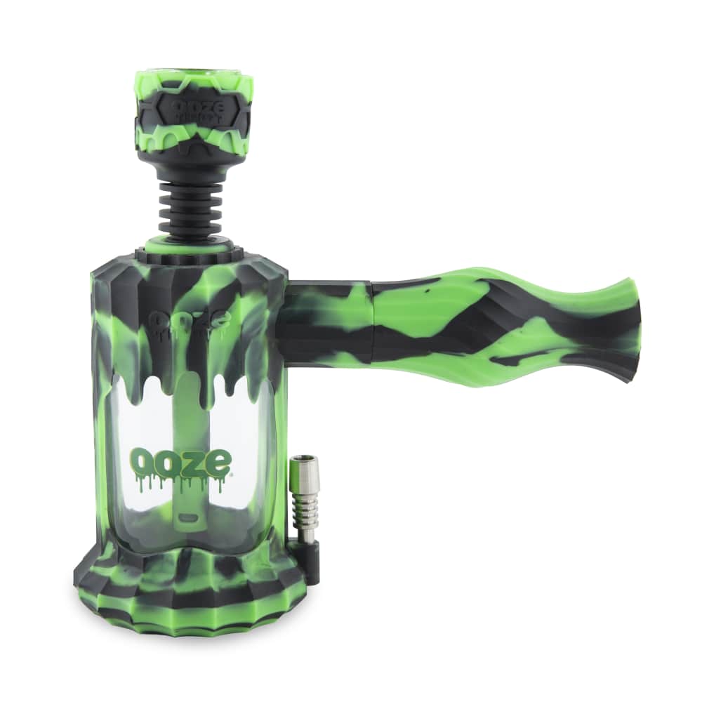 Front view of the Ooze Clobb Silicone Water Pipe and Dab Straw, a green, textured piece angled against a plain white background.