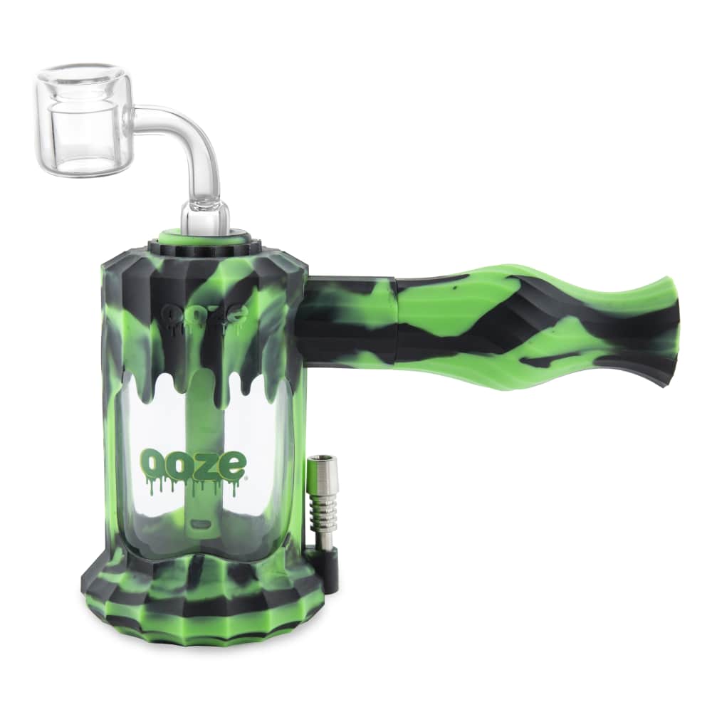 A front view of the Ooze Clobb Silicone Water Pipe and Dab Straw with a green and black marbled pattern.