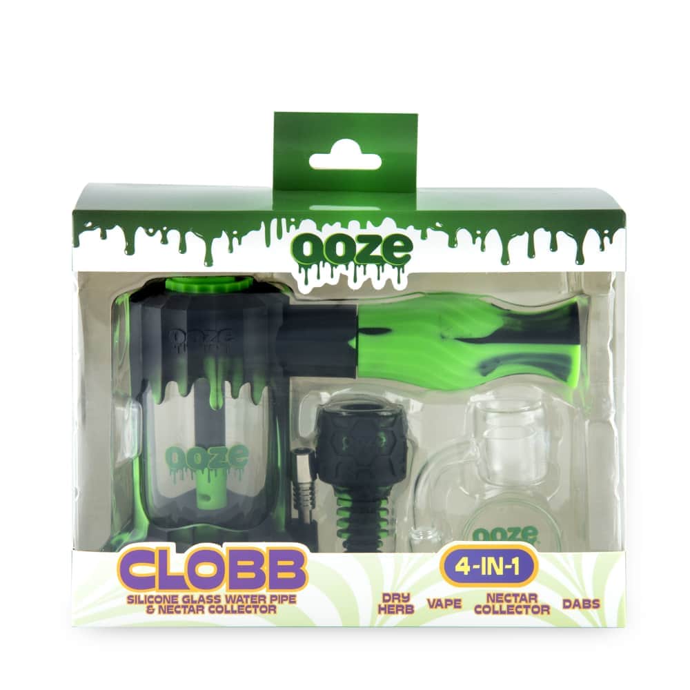 Front view of the Ooze Clobb Silicone Water Pipe and Dab Straw against a dark background, showcasing its unique shape.