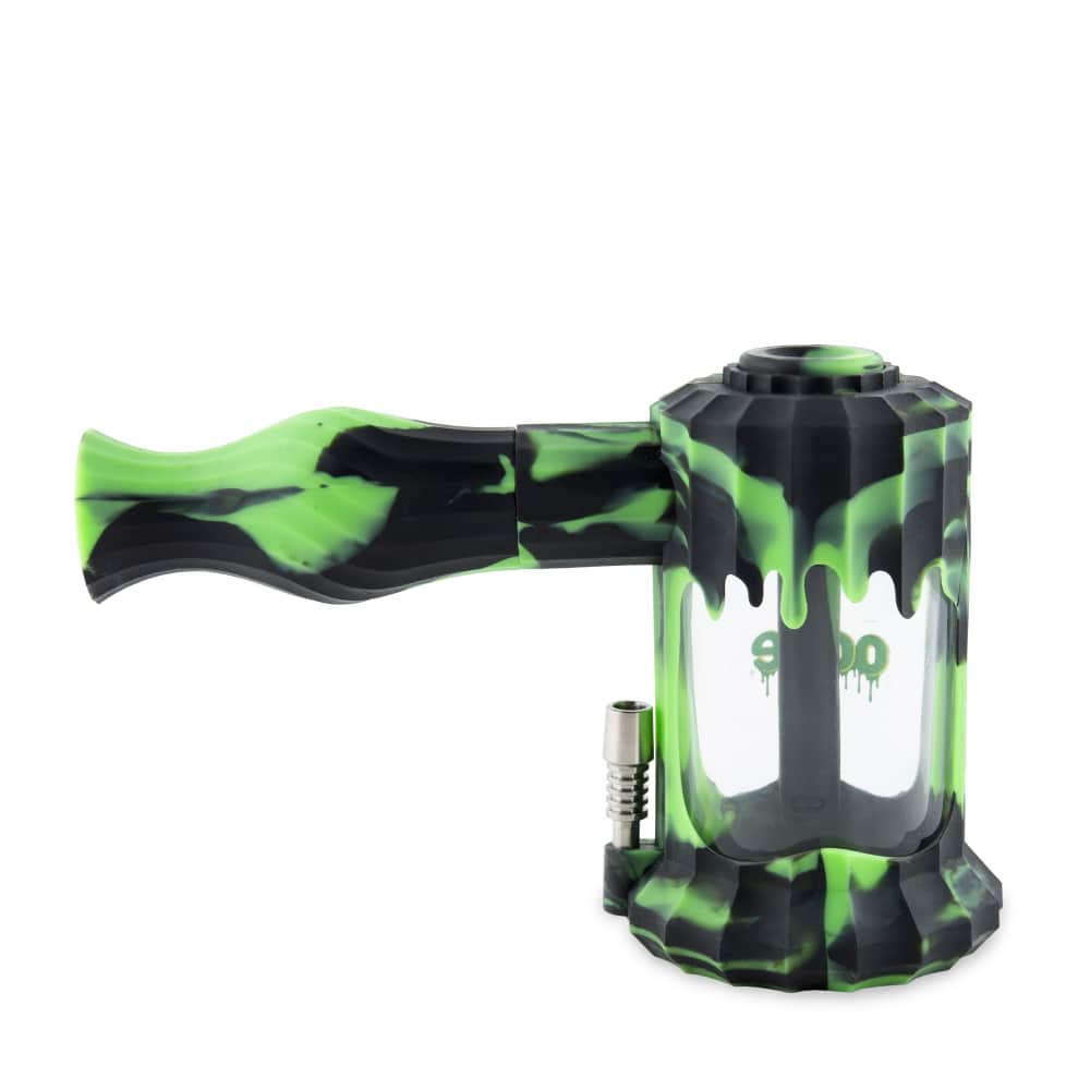 A vibrant, angled view of the Ooze Clobb Silicone Water Pipe and Dab Straw, showcasing its green marbled design against a plain white background.