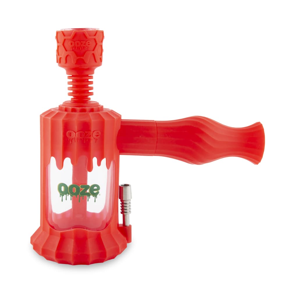 A front view of the Ooze Clobb Silicone Water Pipe and Dab Straw, showing its red, textured silicone construction.