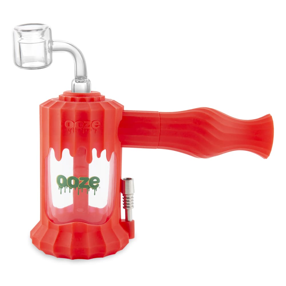 A front view of the Ooze Clobb Silicone Water Pipe and Dab Straw, showcasing the red silicone construction and attached straw.