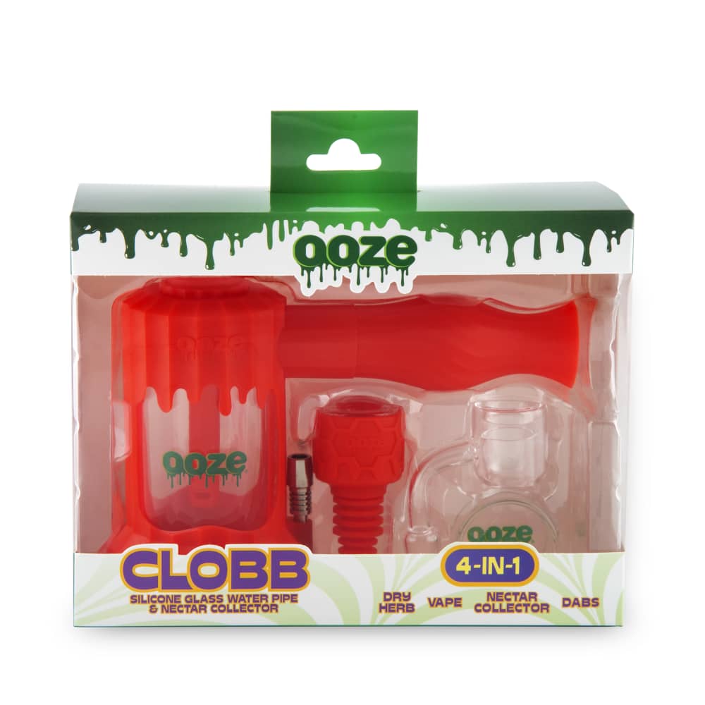 Front view of the Ooze Clobb Silicone Water Pipe and Dab Straw with a colorful, dripping design against a black background.