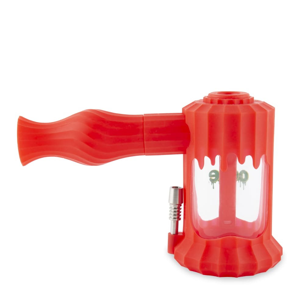 A front view of the red Ooze Clobb Silicone Water Pipe and Dab Straw, highlighting its textured design and streamlined shape.