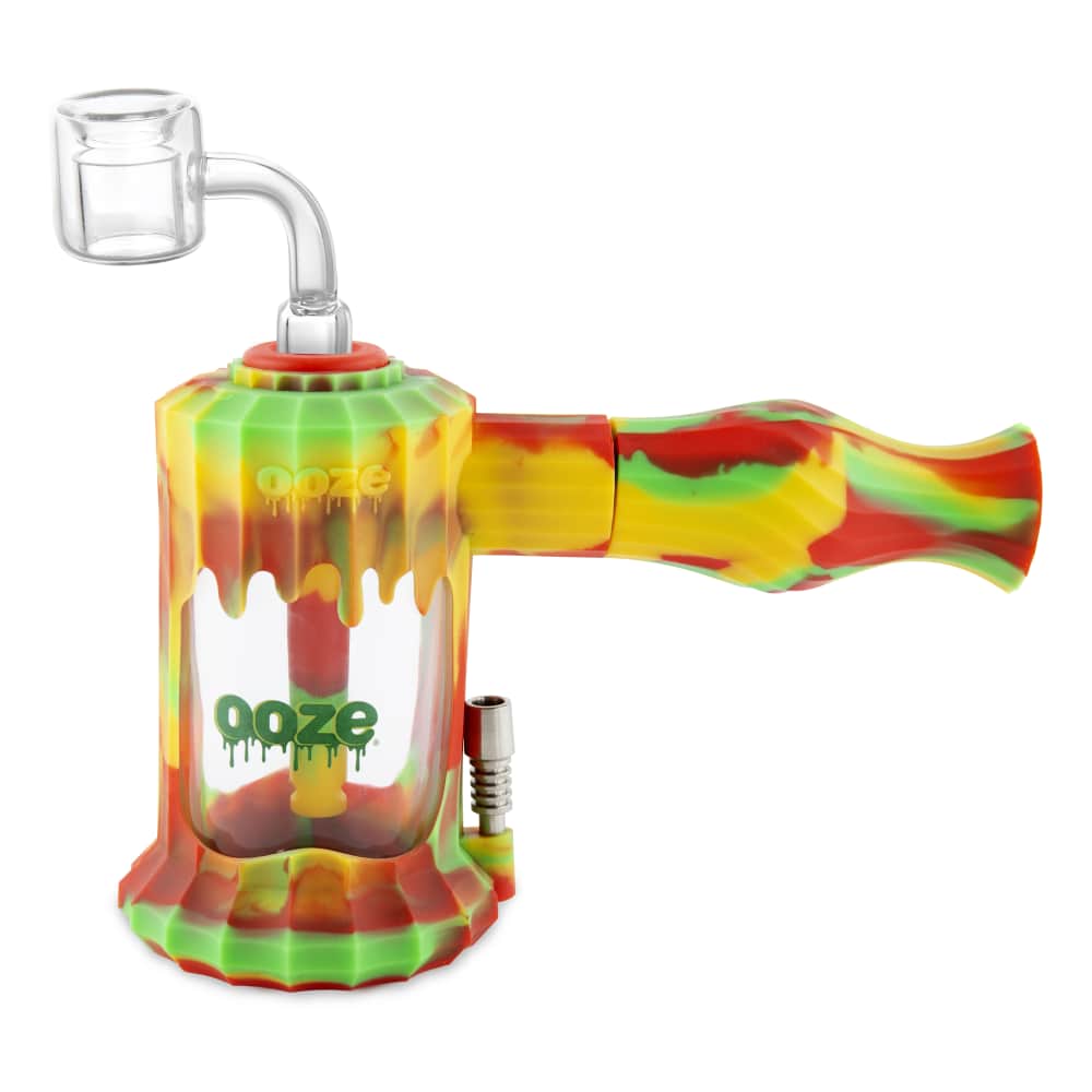 A three-quarter view of the Ooze Clobb Silicone Water Pipe and Dab Straw, featuring a colorful, patterned design.