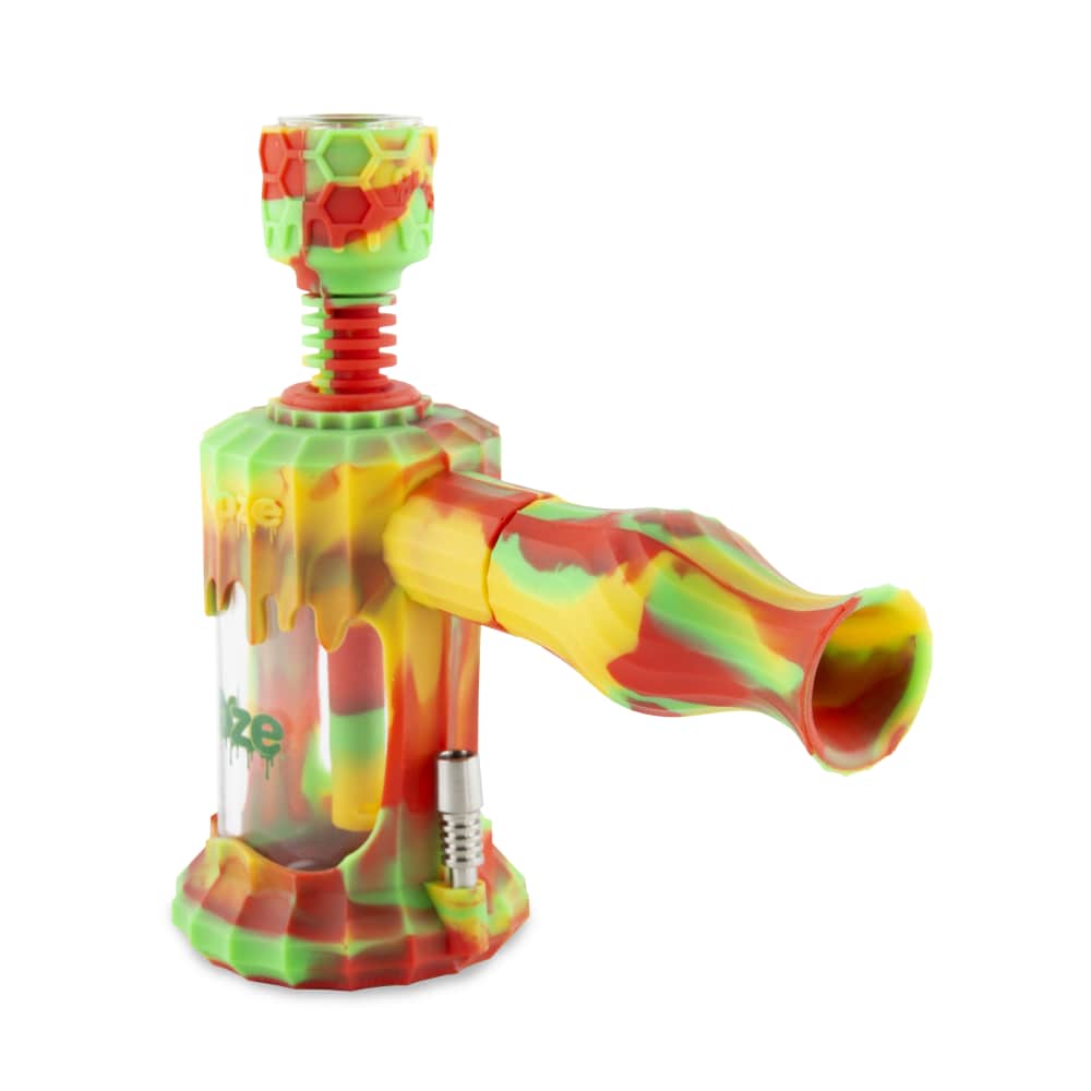 A three-quarter view of the Ooze Clobb Silicone Water Pipe and Dab Straw, showcasing its vibrant, multi-colored design against a plain white background.
