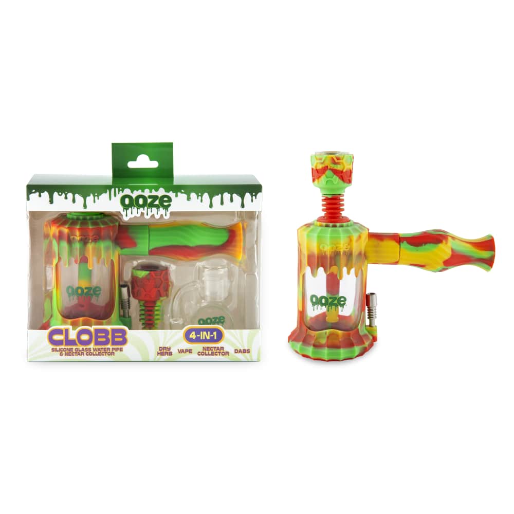 A studio shot of the Ooze Clobb Silicone Water Pipe and Dab Straw, angled to display its colorful, textured design.