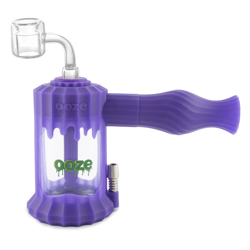 Front view of the Ooze Clobb Silicone Water Pipe and Dab Straw, displaying a purple, textured design and glass components.